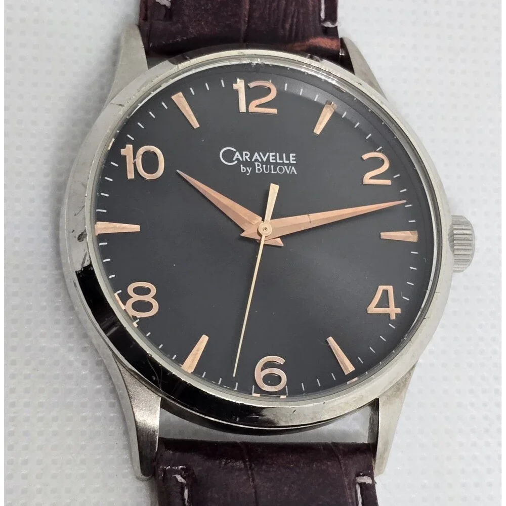 Men's Caravelle New York by Bulova Black Dial Brown Leather Strap Watch 13